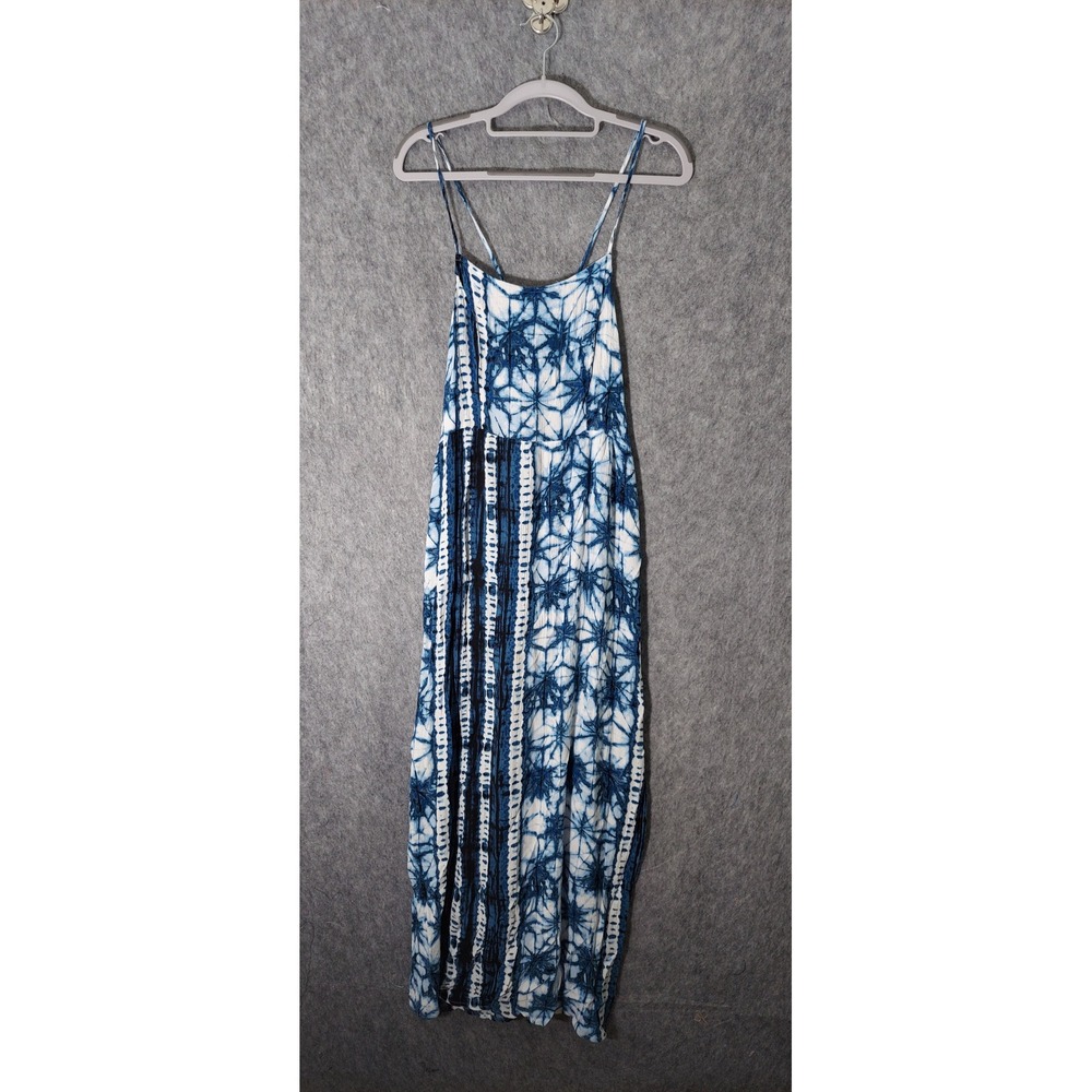 Timing‎ Maxi Dress Women L Blue Crepe Tie Dye Shibori Print Strappy Boho Summer